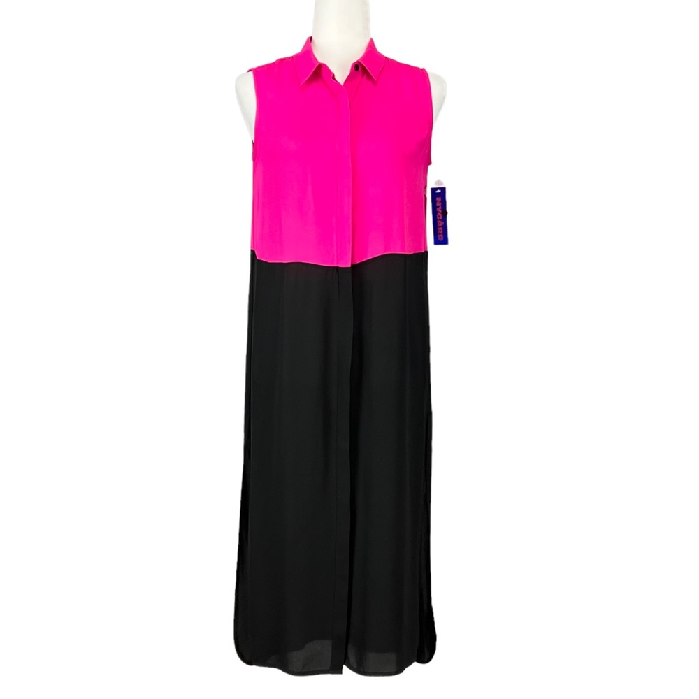 Nygard Womens Sleeveless Button Front Tunic Blouse Fuchsia Pink Black size XS